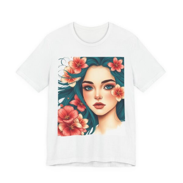 Floral Portrait Tee — Woman with Teal Hair & Coral Flowers Graphic T-Shirt